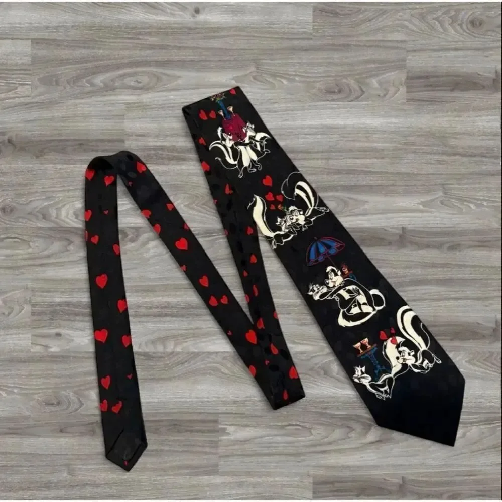 Vintage Looney Tunes 90s Peppe Le Pew Novelty Black Tie Neck Tie Valentines